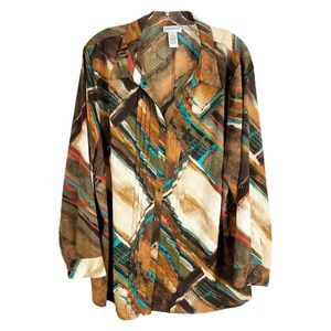 Catherines Plus Size 1X Top 18W 20W Brown Blue Chiffon Button Down‎ Blouse 1116